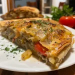 Close-up of a golden-brown Torta de Liquidificador de Sardinha with visible ingredients like sardines, corn, and olives.