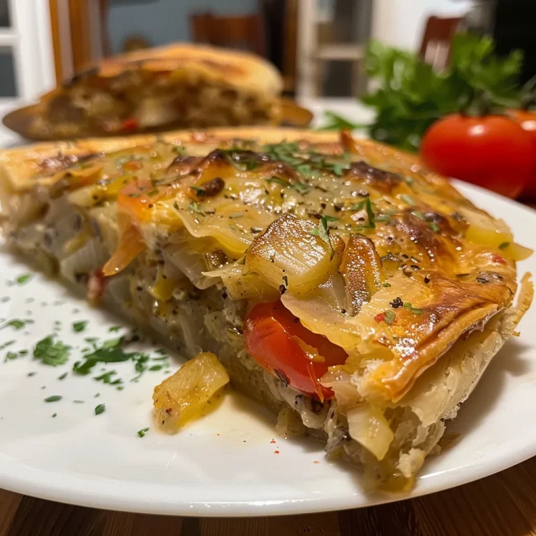 Close-up of a golden-brown Torta de Liquidificador de Sardinha with visible ingredients like sardines, corn, and olives.