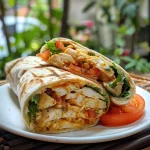 Side view of a mouth-watering Wrap de Frango with vibrant lettuce and tomato slices.