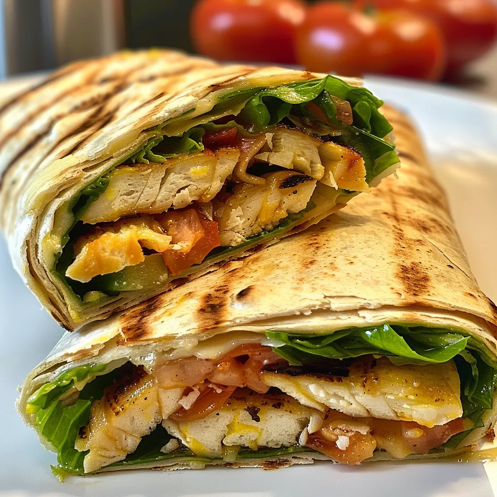 Close-up of a flavorful Wrap de Frango, highlighting creamy filling and fresh toppings.