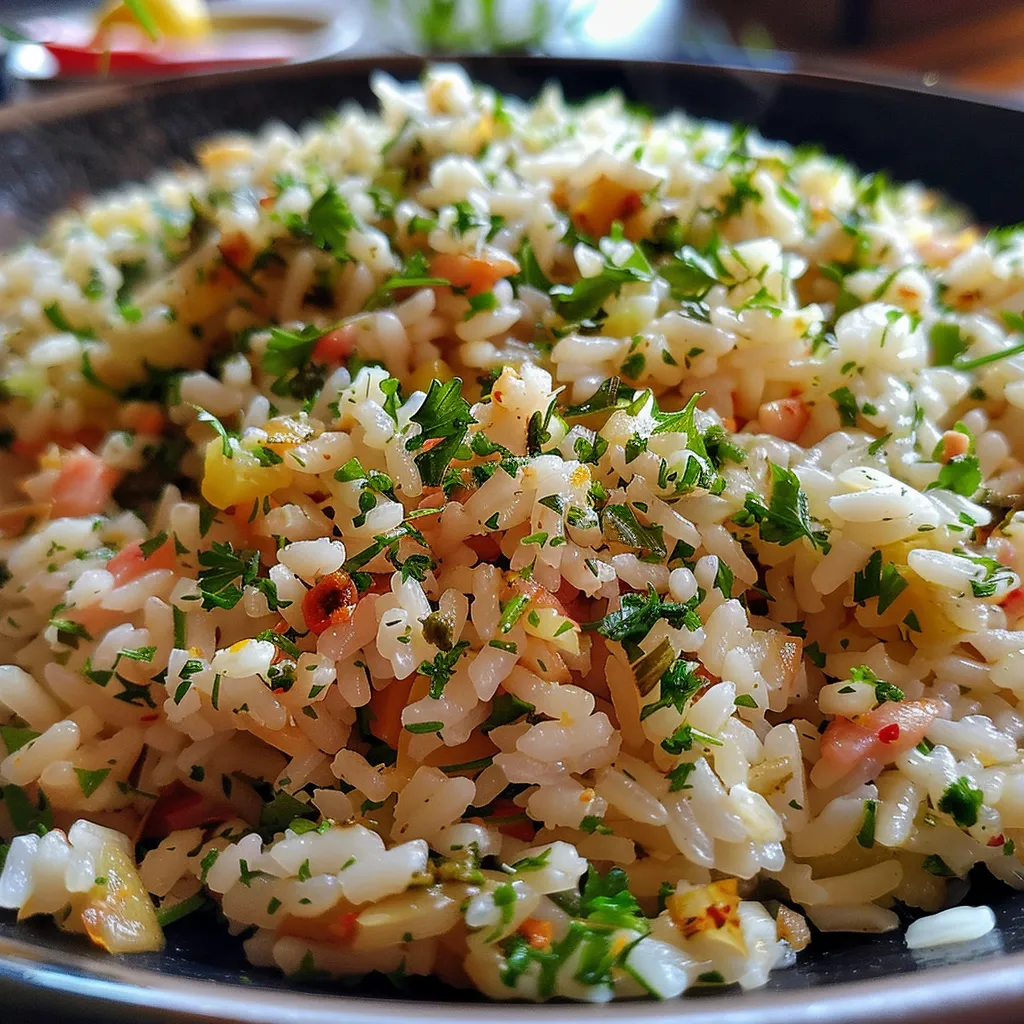 Side view of a delicious serving of Arroz com Ervilhas with fresh ingredients.