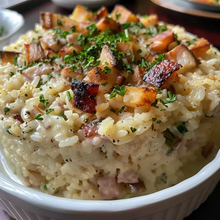 Arroz Cremoso de Forno: Um Conforto que Encanta a Todos Close-up de arroz cremoso com presunto e mussarela, mostrando camadas de ingredientes suculentos.