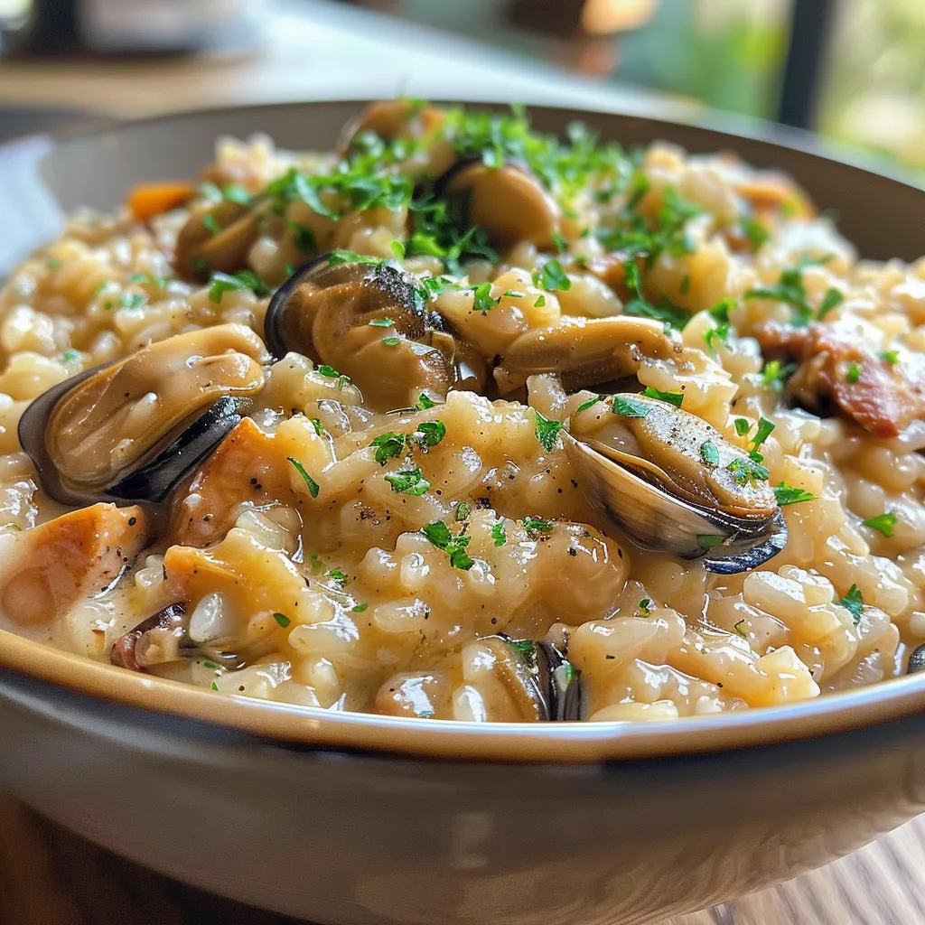 Visualização lateral de um prato de arroz cremoso de forno, com pedaços de presunto e queijo derretido.