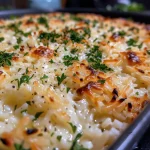 Close-up of Arroz de Forno com Queijo, highlighting layers of rice, cheese, and vegetables.