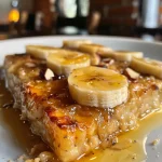 Fatia de bolo de banana com aveia em um prato branco, vista lateral.