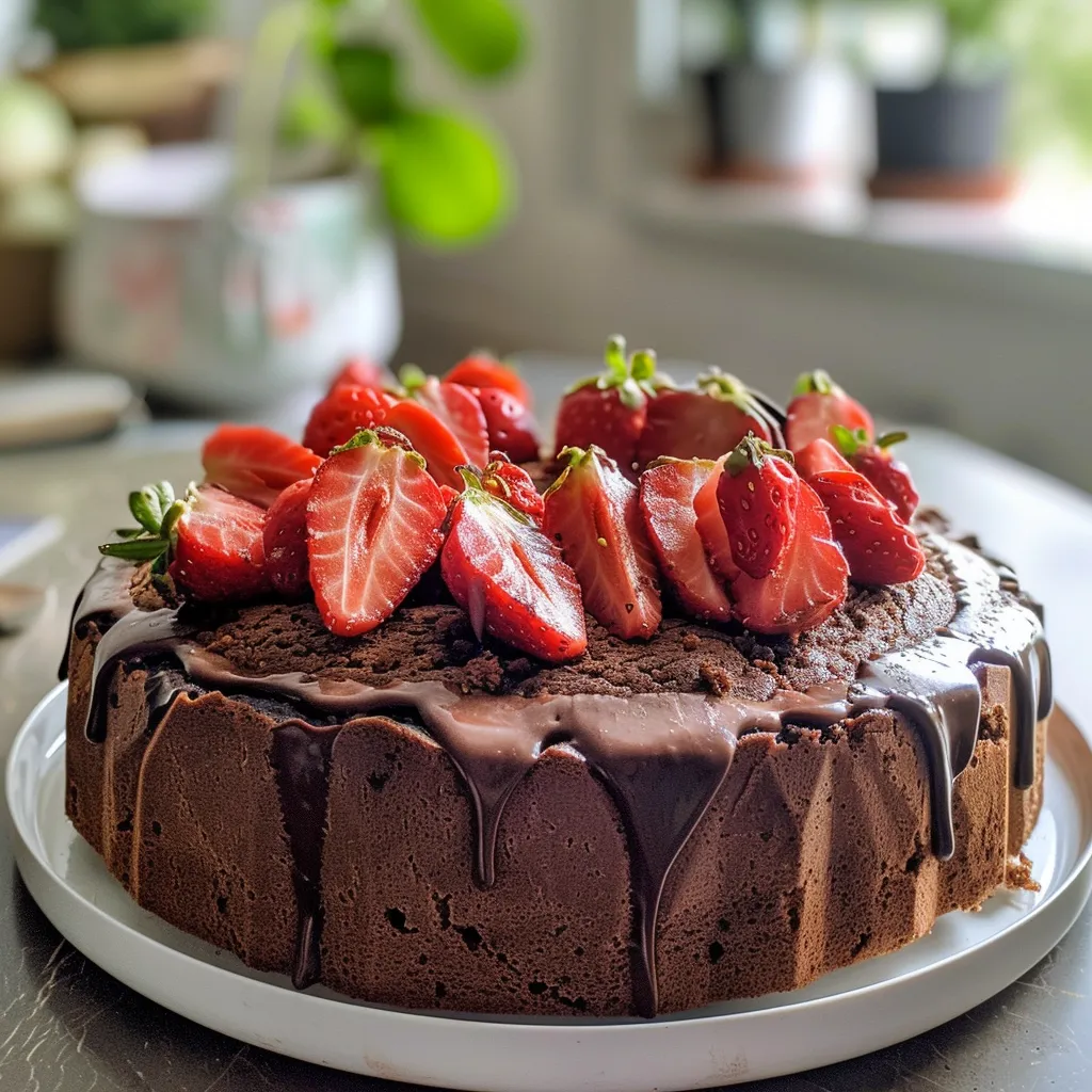 Fatia de Bolo de Chocolate com morangos picados e chantilly ao lado.