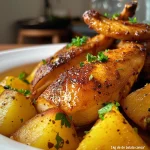 Close-up of juicy Frango com Batatas with golden potatoes.