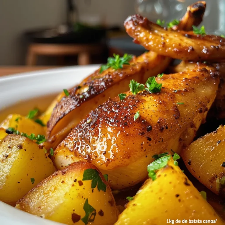 Close-up of juicy Frango com Batatas with golden potatoes.