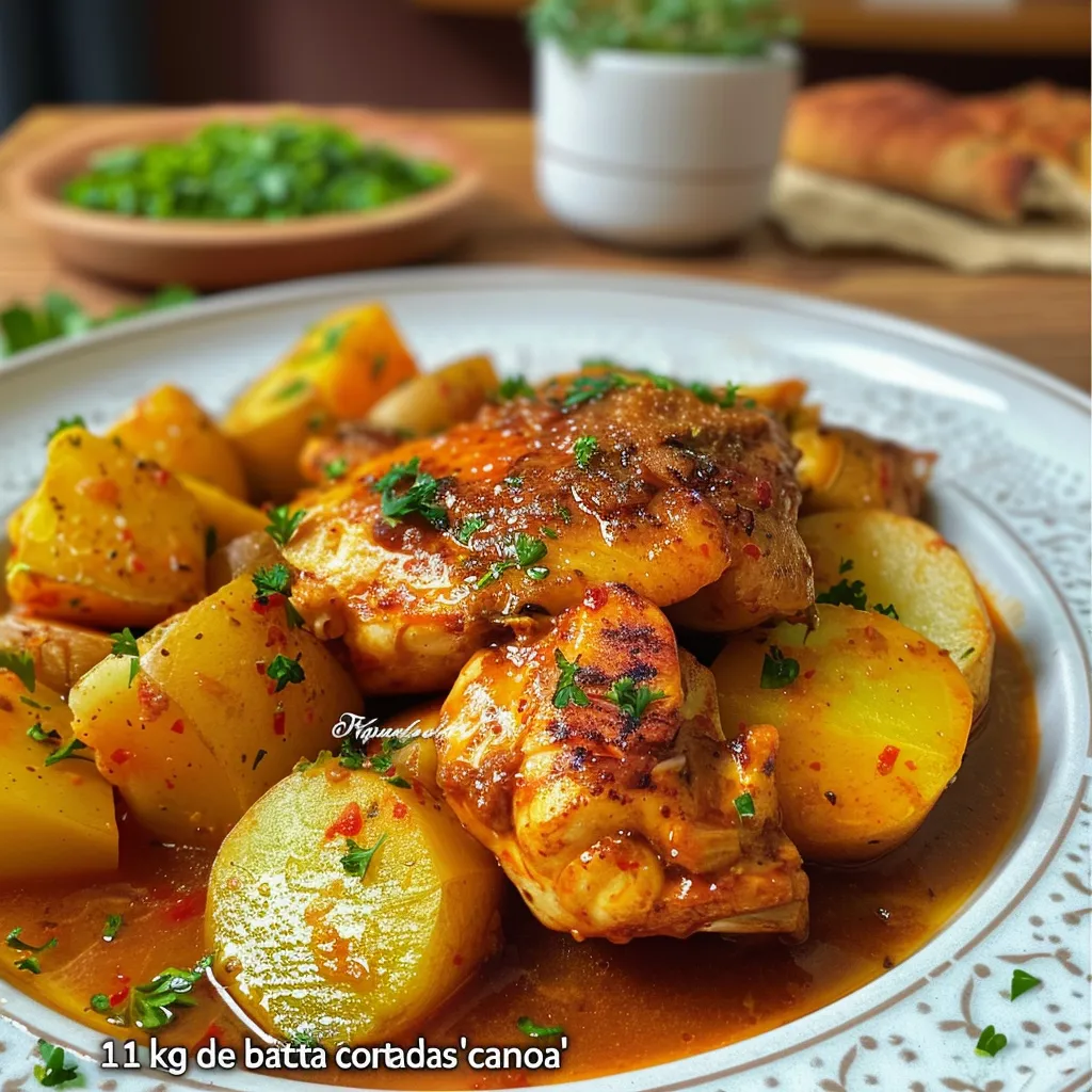 Side view of tender chicken and roasted potatoes on a plate.