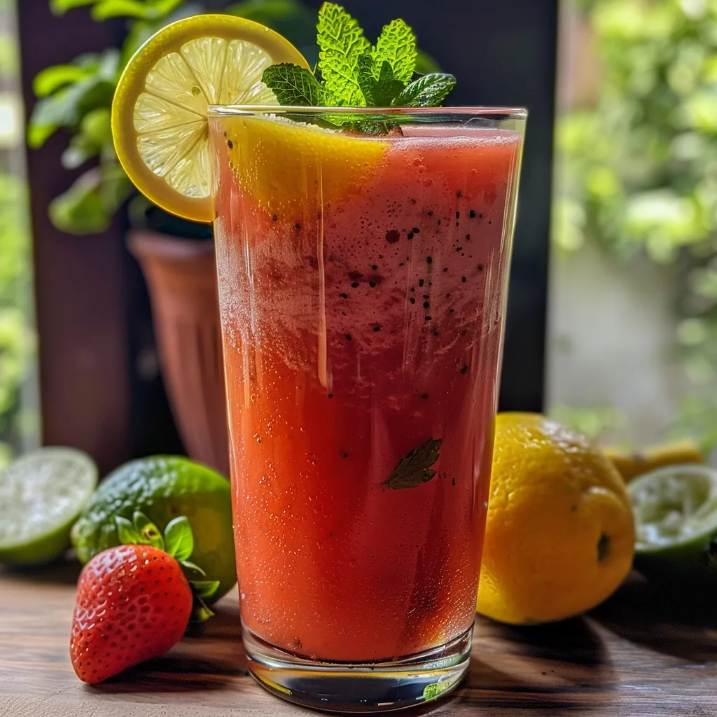 Vista lateral de um refrescante copo de Limonada de Morango com gelo e frutas.
