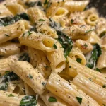 ['Prato de macarrão cremoso de espinafre com molho.', 'Close-up de uma porção de pasta com espinafre e queijo.', 'Macarrão penne coberto com molho de espinafre e parmesão.', 'Vista lateral de pasta cremoso de espinafre em um prato.']