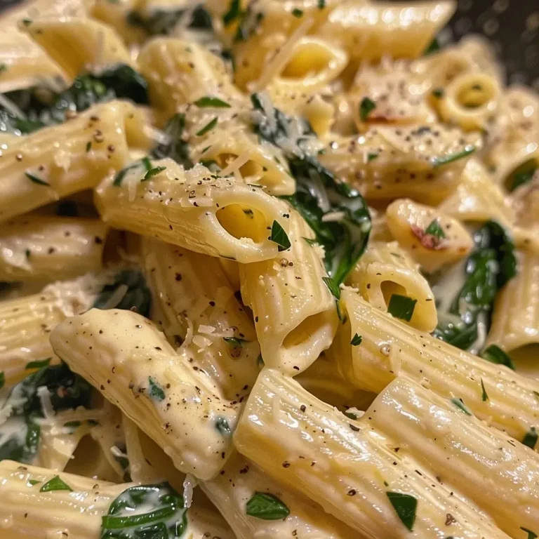 ['Prato de macarrão cremoso de espinafre com molho.', 'Close-up de uma porção de pasta com espinafre e queijo.', 'Macarrão penne coberto com molho de espinafre e parmesão.', 'Vista lateral de pasta cremoso de espinafre em um prato.']