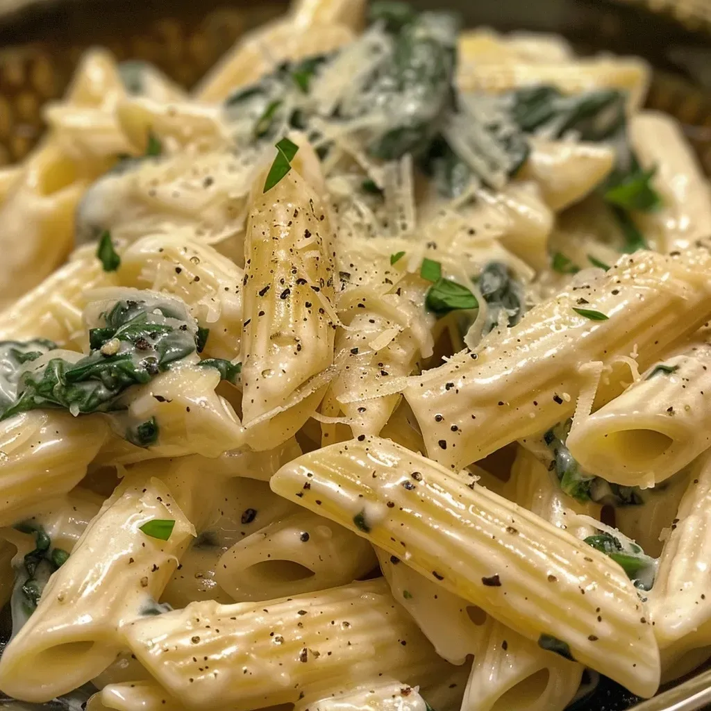 ['Prato de macarrão cremoso de espinafre com molho.', 'Close-up de uma porção de pasta com espinafre e queijo.', 'Macarrão penne coberto com molho de espinafre e parmesão.', 'Vista lateral de pasta cremoso de espinafre em um prato.']