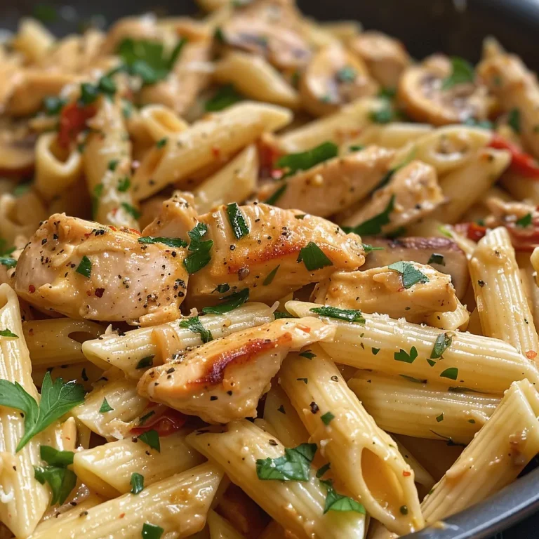 Close-up of a plate of creamy chicken pasta with herbs.