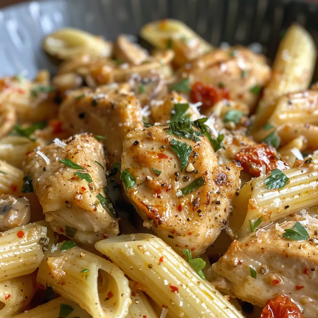 Side view of delicious chicken pasta garnished with parsley.