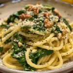 Close-up of creamy spinach pasta with a garnish of walnuts.