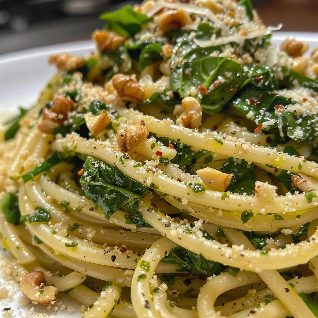 Side view of a bowl filled with pasta, spinach, and vibrant herbs.