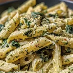 ['Prato de massa cremosa de espinafre com penne e molho em destaque.', 'Close de uma porção de massa com espinafre, queijo e temperos.', 'Prato de penne com molho cremoso de espinafre e queijo parmesão.', 'Vista lateral de massa de espinafre cremosa, decorada com queijo.']