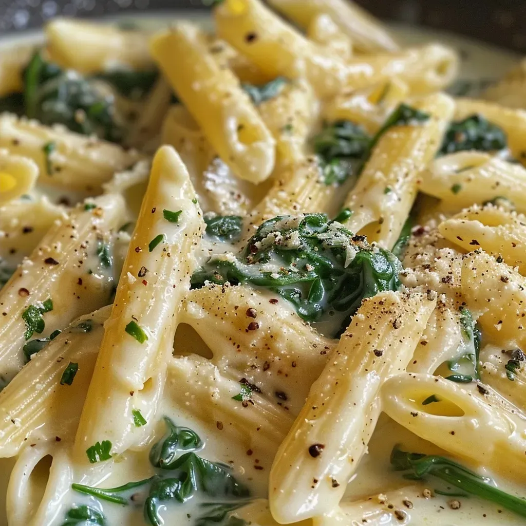 ['Prato de massa cremosa de espinafre com penne e molho em destaque.', 'Close de uma porção de massa com espinafre, queijo e temperos.', 'Prato de penne com molho cremoso de espinafre e queijo parmesão.', 'Vista lateral de massa de espinafre cremosa, decorada com queijo.']