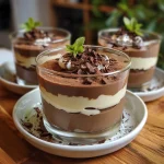 Mousse de Coco com Chocolate em taça, com camadas visíveis e cobertura cremosa.