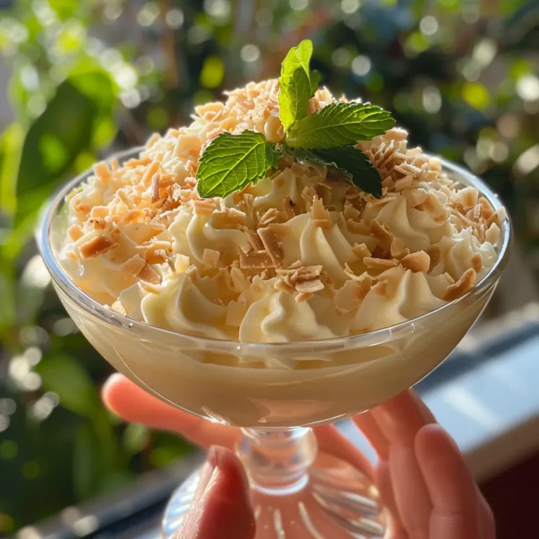 Mousse de coco branco com creme de leite em uma taça decorada com coco ralado.