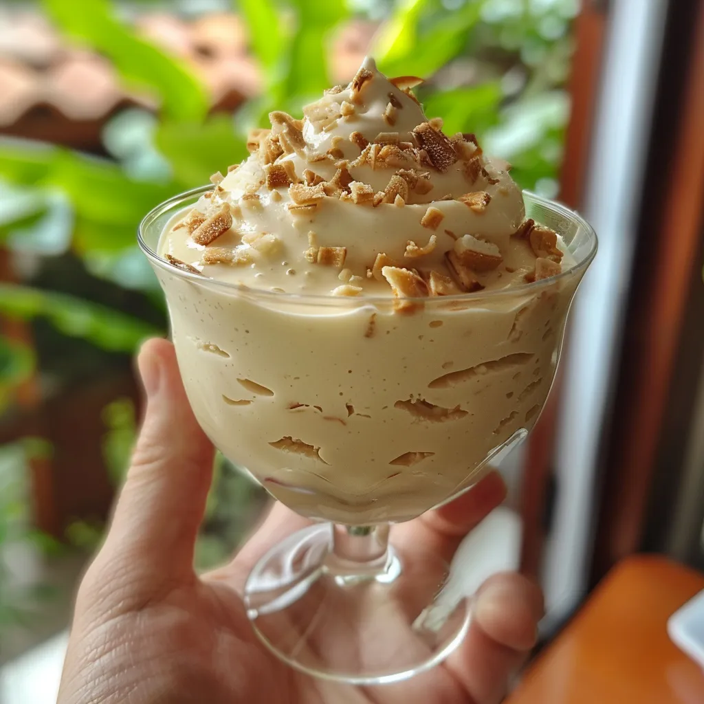 Close-up de uma sobremesa mousse de coco com leite condensado, apresentada em um prato elegante.
