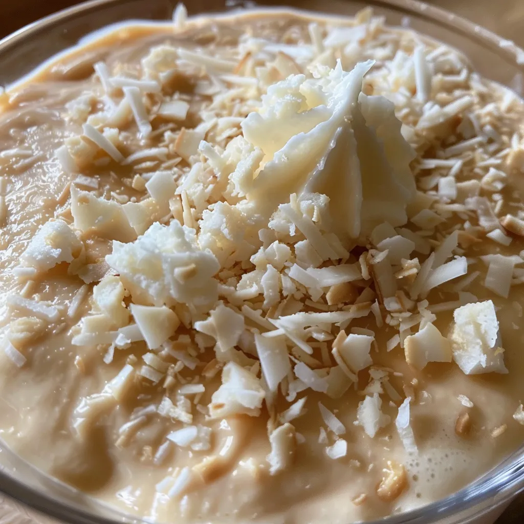 Mousse de coco com coco ralado em cima, vista lateral.