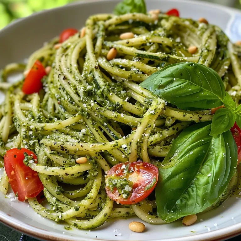 Close-up of zucchini noodles topped with green pesto and cherry tomatoes.