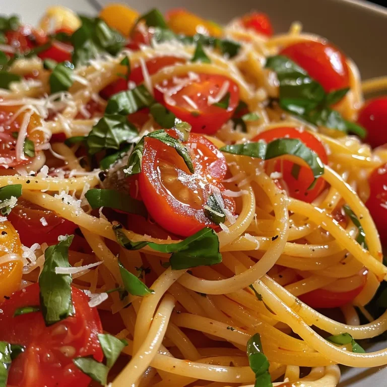 Close-up of a plate of spaghetti with cherry tomatoes and fresh basil.