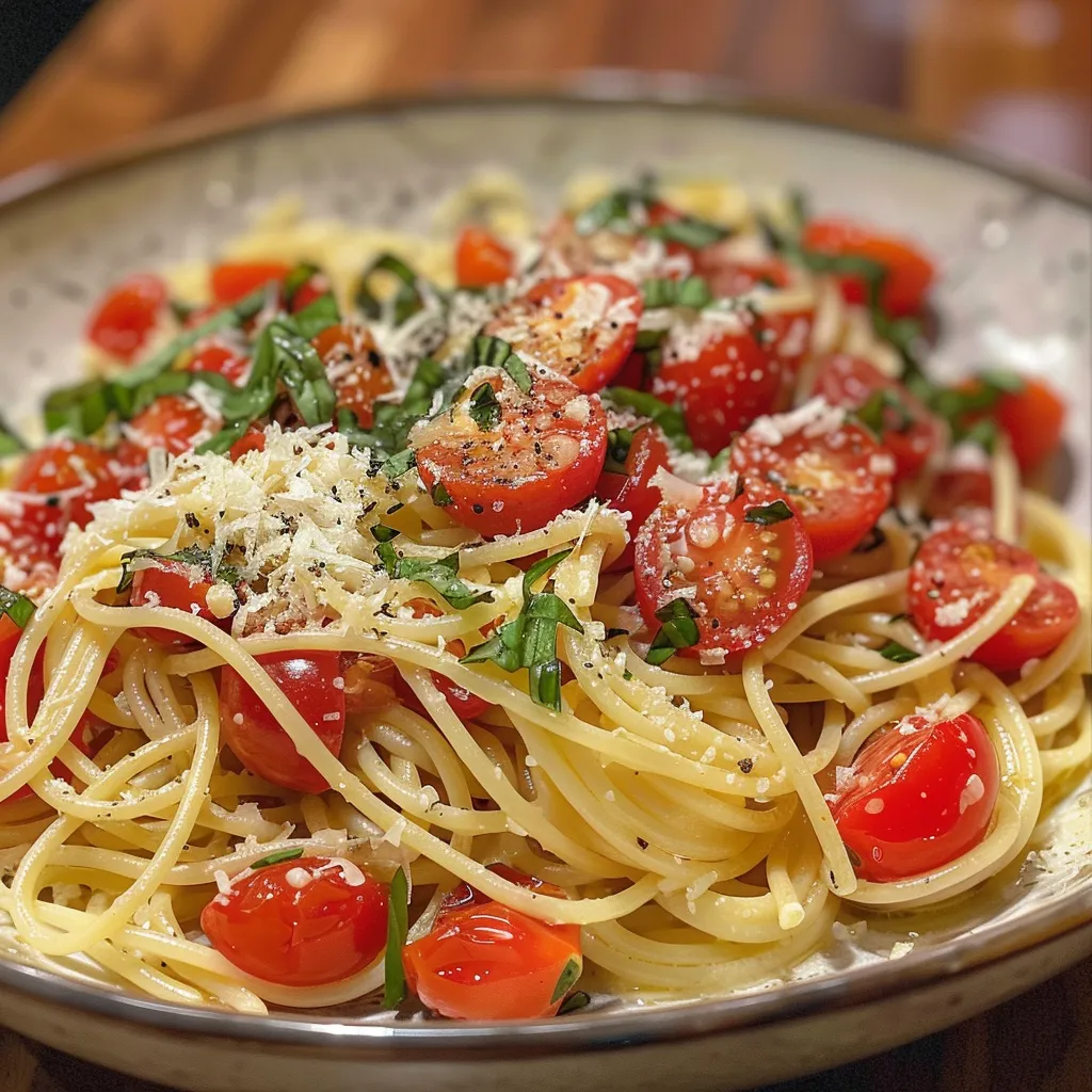 Delicious pasta dish featuring juicy cherry tomatoes and grated Parmesan cheese.