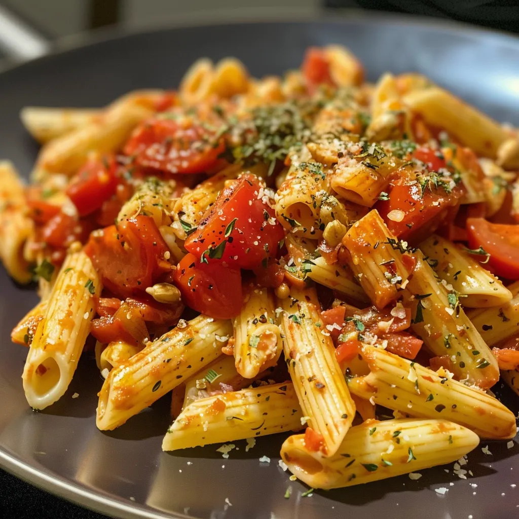 Side view of juicy penne integral pasta topped with colorful roasted veggies.