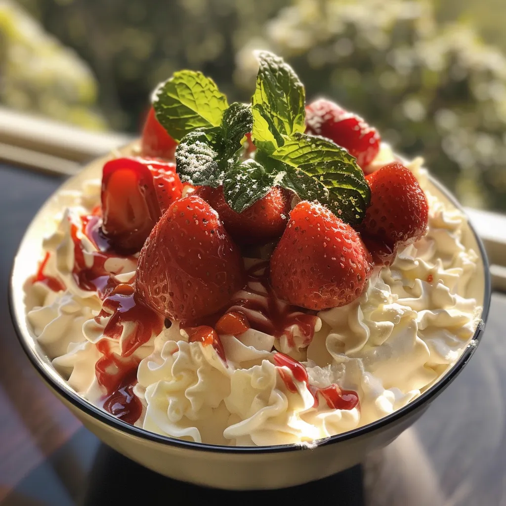 Side view of a luscious strawberry mousse with fresh fruit pieces on top.