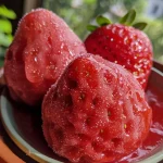 Close-up de refrigerante de morango em um copo, com morangos frescos ao fundo.