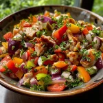 Salada com atum apresentada em um prato raso, destacando alface, tomates-cereja e cenoura.
