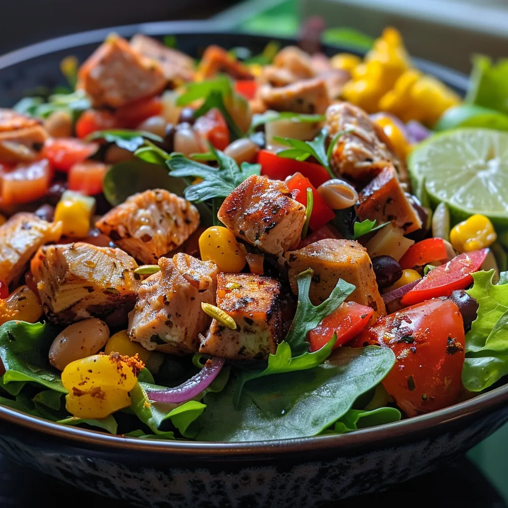 Close-up de salada de cuscuz com pedaços de frango, cenoura e abobrinha.