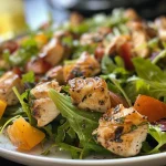 Salada de frango com pedaços de manga em um prato colorido.