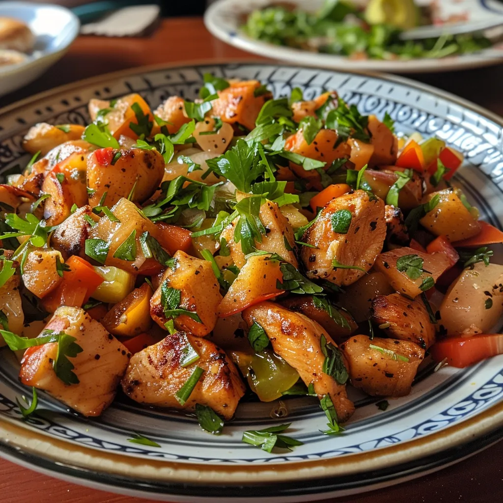 Close-up de uma salada fresca de frango e manga com molho de maracujá.