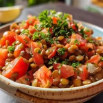 Close-up de uma salada de lentilha colorida com tomates e pimentões.