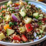 Close-up view of a vibrant quinoa salad with diced mango, red onion, and mint.