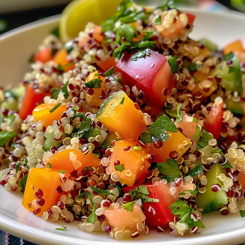 Side view of a colorful salada de quinoa with mango chunks and fresh herbs.