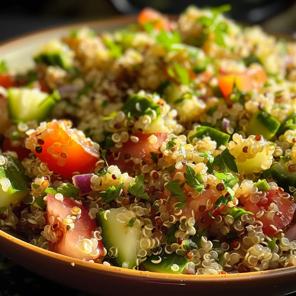 Salada de quinoa e atum em um prato, com pepino e tomate visíveis.