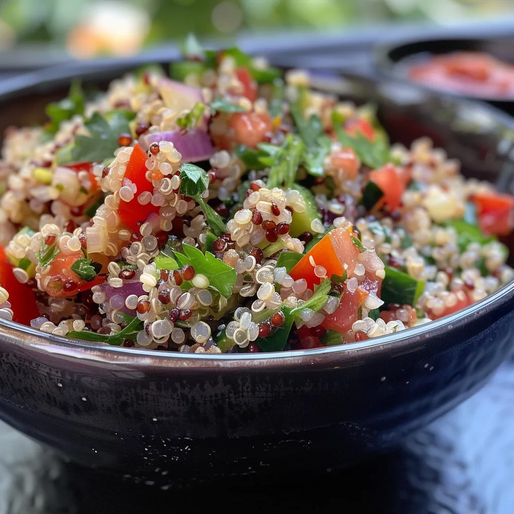 Close-up de salada colorida com quinoa, atum e vegetais cortados.