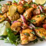 Close-up view of a colorful salada tropical de frango, featuring vibrant greens and yellow mango.