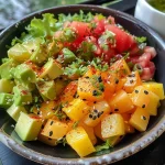 Salada Tropical com cubos de manga e abacaxi em um prato.