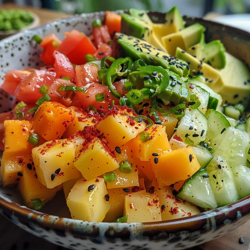 Close-up de Salada Tropical com folhas verdes e pimentão vermelho.
