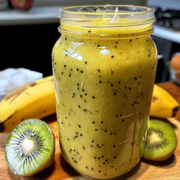 Close-up de um smoothie verde de kiwi em um copo transparente.