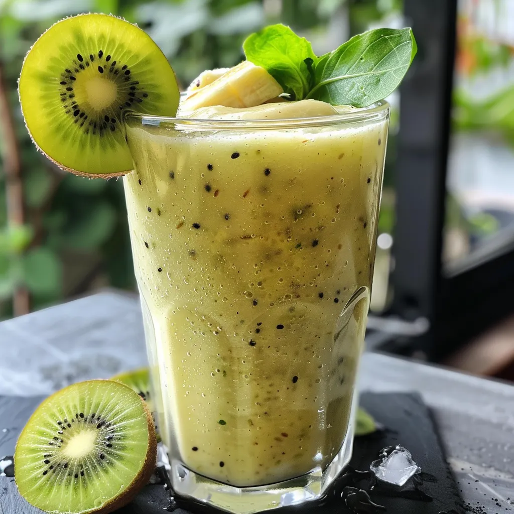Foto lateral de um smoothie de kiwi com pedaços de fruta ao redor.