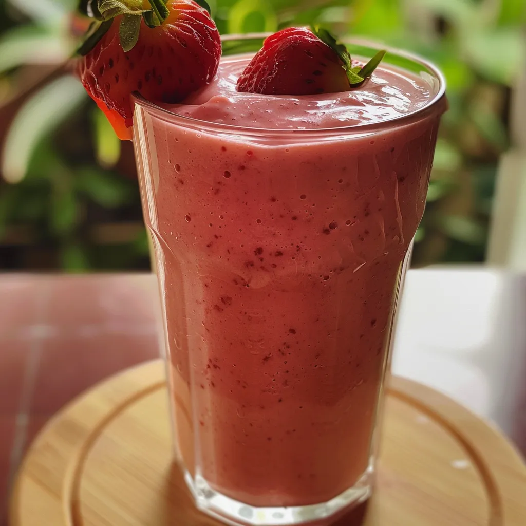 Side view of a creamy mango and strawberry smoothie, with fresh ingredients around it.