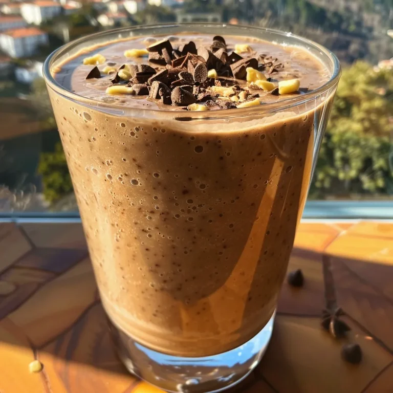 Close-up of a creamy banana and cocoa smoothie in a glass.