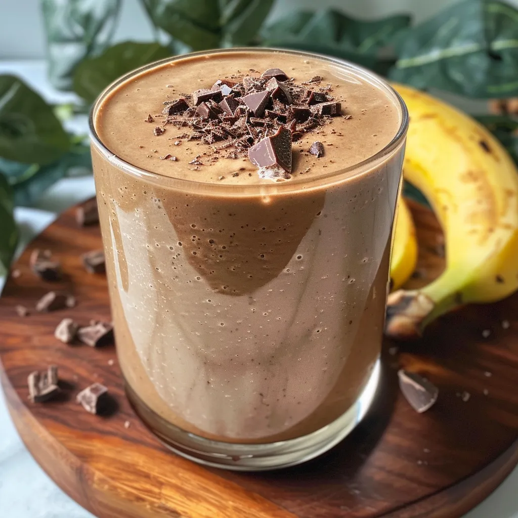 Side view of a vibrant smoothie made with banana and cocoa powder.